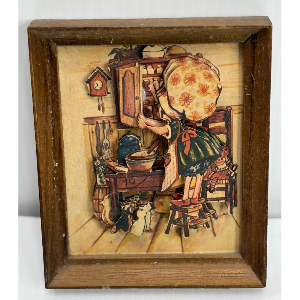 Vintage‎ 3D Paper Tole Shadow Box Wall Art Girl in Kitchen Wood Frame 6x4.75